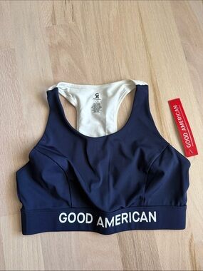 Good American Navy and White Racerback Sports Bra with Logo Band